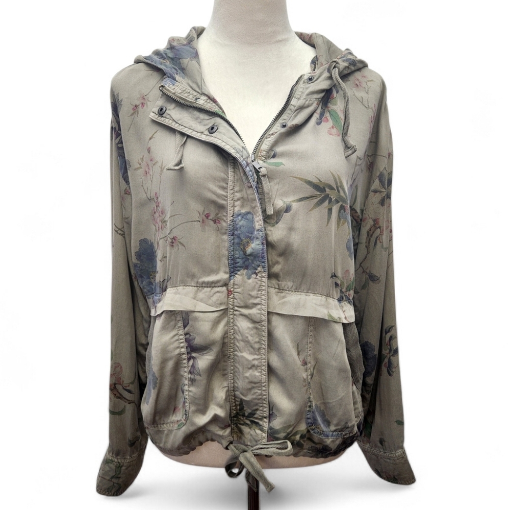 Marrakech Anthropologie Floral Tropez Utility Jacket Hood Drawstrings Size Small